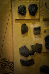 Several ancient artifacts, including black rock fragments and cracked pieces of pottery with linear patterns, are displayed against a beige backdrop. Some objects are mounted on separate wooden plaques.