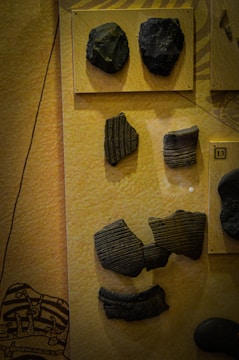 Several ancient artifacts, including black rock fragments and cracked pieces of pottery with linear patterns, are displayed against a beige backdrop. Some objects are mounted on separate wooden plaques.