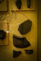Various pieces of ancient pottery are displayed on a beige background. Each fragment features distinct textures and patterns, indicating they are part of historical artifacts. The pieces are mounted on plaques and arranged methodically, suggesting a museum exhibit.