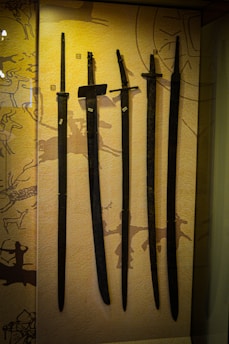 Several ancient swords are displayed upright against a backdrop with prehistoric art. The swords vary slightly in size and shape, and numbered labels are attached to each one. The background features abstract patterns and symbols, hinting at historical or cultural significance.