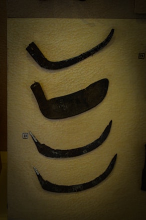 A display showcases a collection of ancient metal tools or weapons, each with a distinct curved shape. They rest against a textured, beige background with small labels indicating numbers for identification. The artifacts appear aged, with a dark, weathered patina.