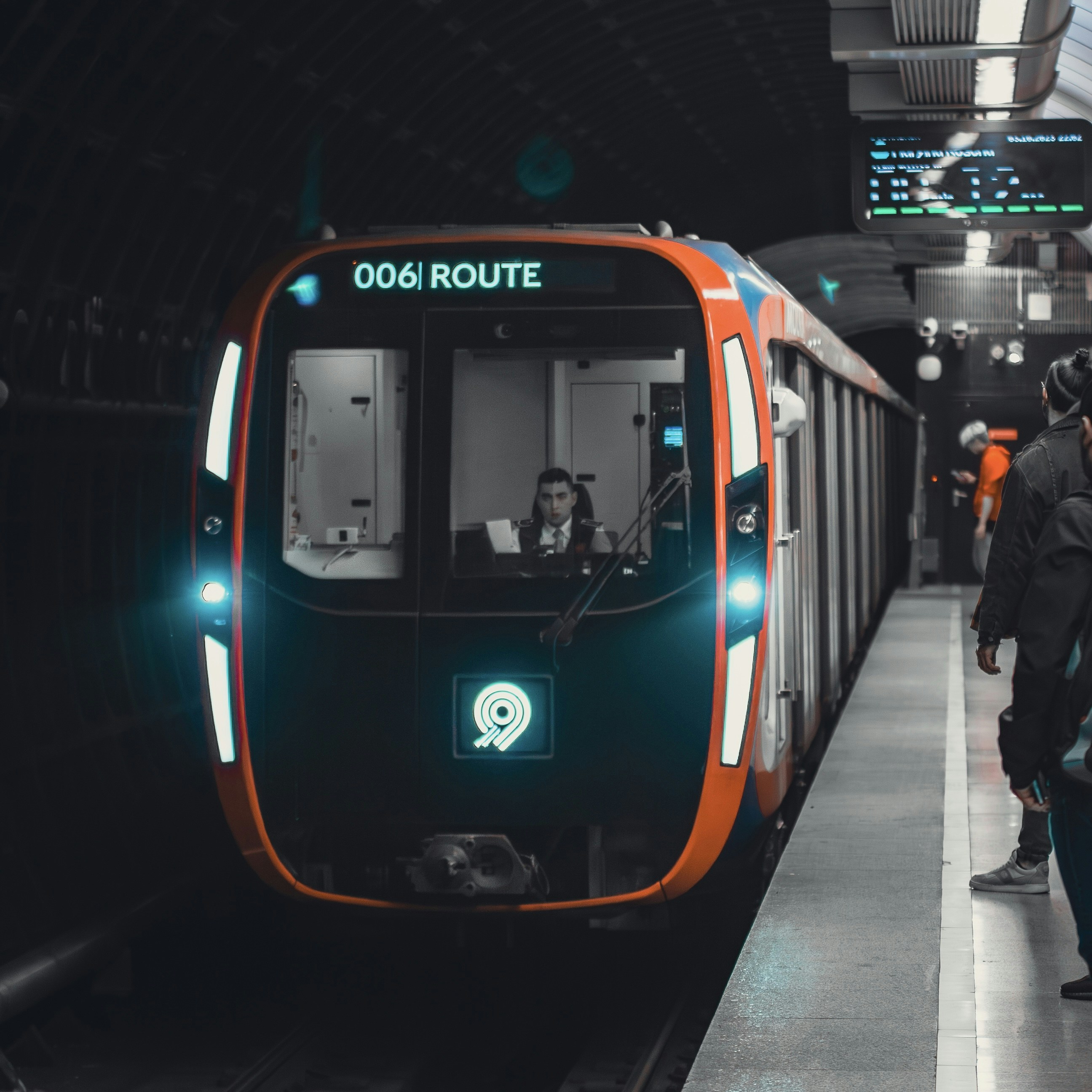a train pulling into a train station with people standing on the platform