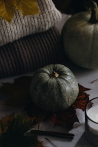 A small green pumpkin is surrounded by autumn leaves on a surface, alongside a folded knit sweater. There's a warm, cozy atmosphere with the use of soft textures and earthy tones.
