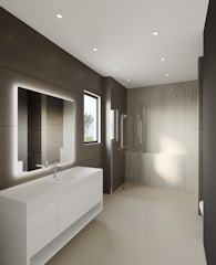 Spacious bathroom with sleek fixtures and clean white tiles