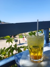 A refreshing beverage in a tall glass garnished with mint leaves and served with ice cubes sits on a table with a blue and white checkered tablecloth. In the background, there is a view of greenery and a path with people in a relaxed outdoor setting. The sky is clear and blue, suggesting a sunny day.
