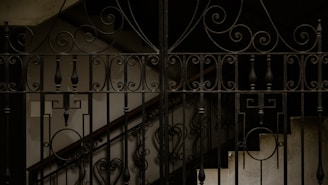 An intricate wrought iron fence features ornate swirling patterns and decorative elements with a staircase visible in the background, suggesting an entryway or barrier to a building. The lighting is dim, casting shadows on the details.