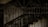 An intricate wrought iron fence features ornate swirling patterns and decorative elements with a staircase visible in the background, suggesting an entryway or barrier to a building. The lighting is dim, casting shadows on the details.