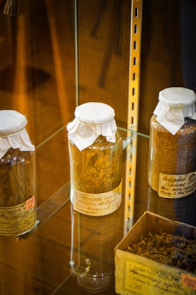 Several glass jars and a box containing dried herbs or plant materials are displayed on a glass shelf. The jars have handwritten labels in an old-fashioned script and are sealed with paper covers. The setting appears to be a museum display or an apothecary.