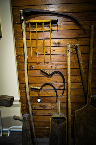 A rustic display of vintage farm tools arranged on weathered wooden shelves.