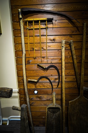 A collection of vintage wooden farming tools hangs on a wooden wall. The tools include sickles, a rake with wooden handles, and other implements. The wood shows signs of age and use, giving a rustic, historical texture.