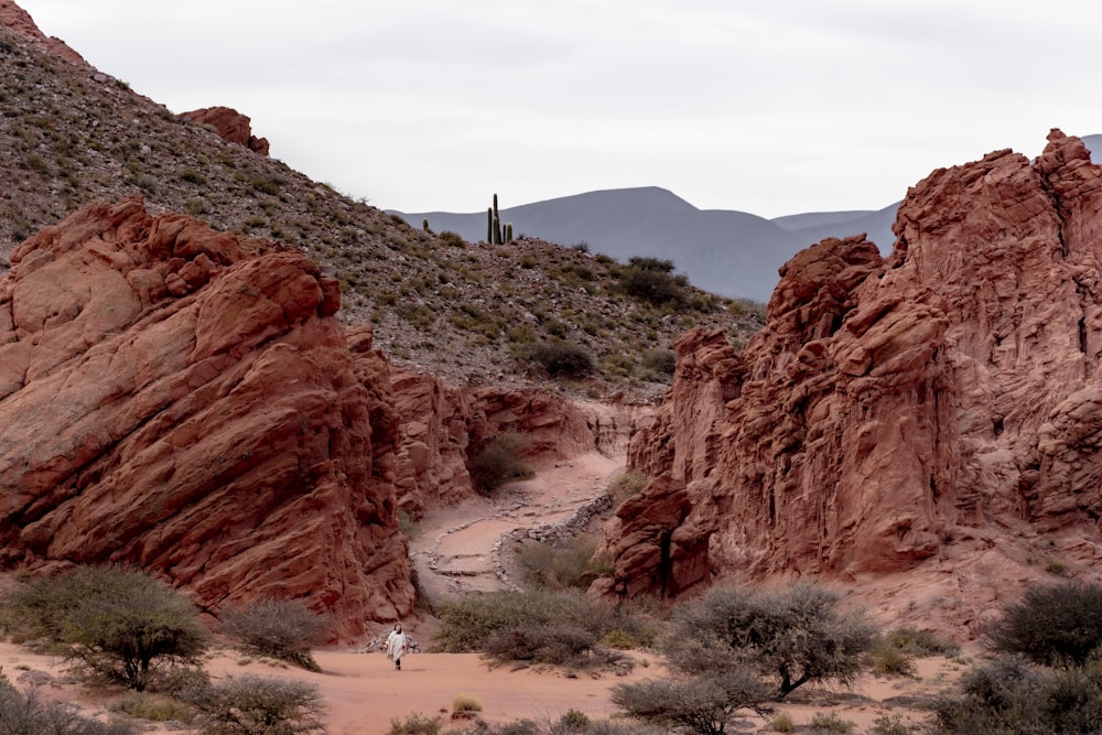 a person walking on a trail between two large rocks