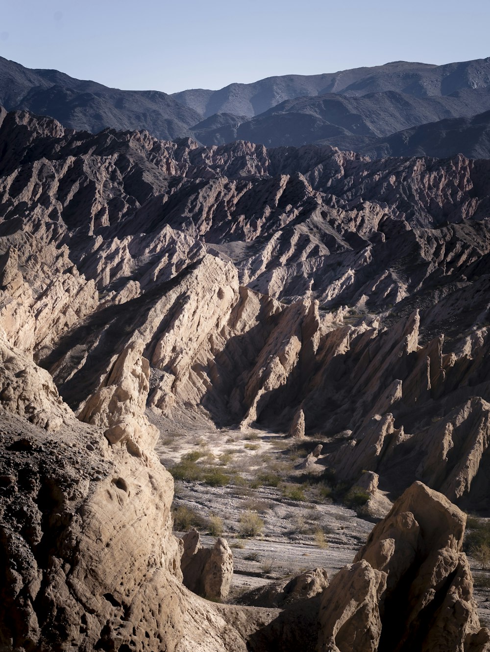 a view of a valley in the desert with mountains in the background