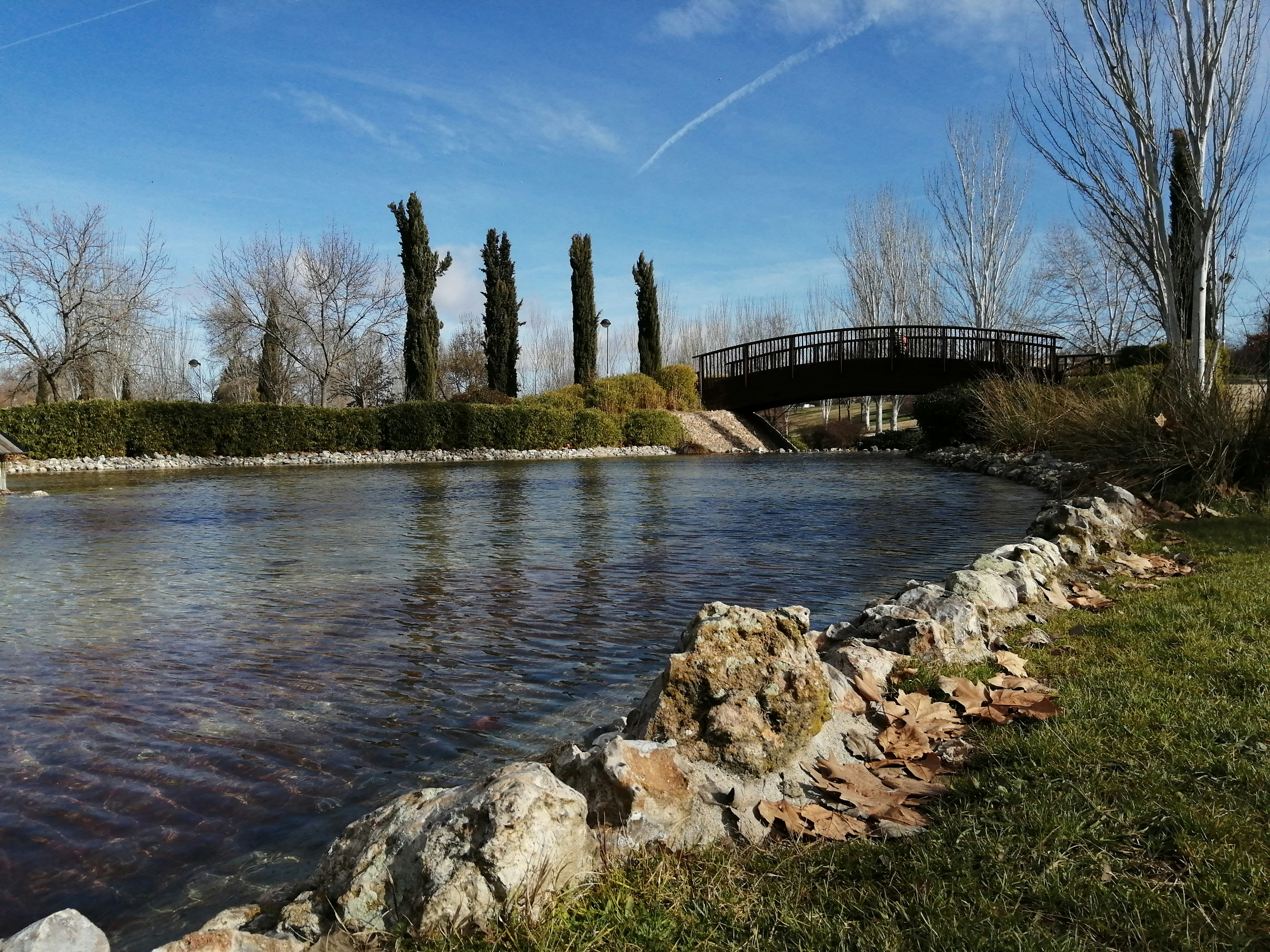 a bridge over a river next to a lush green field
