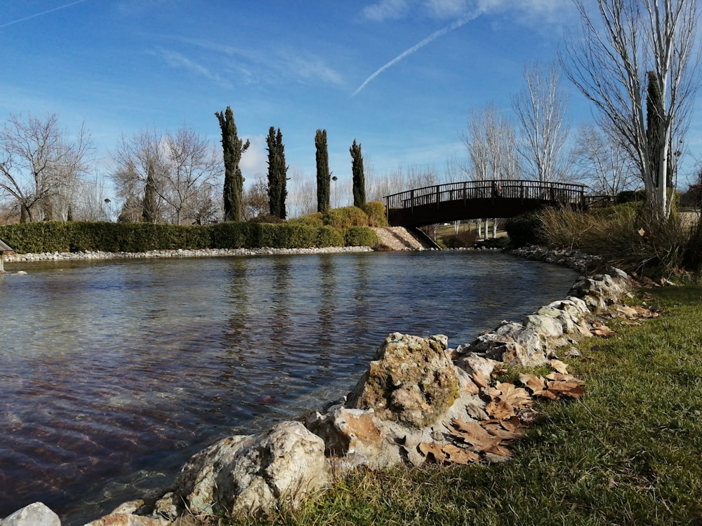 a bridge over a river next to a lush green field