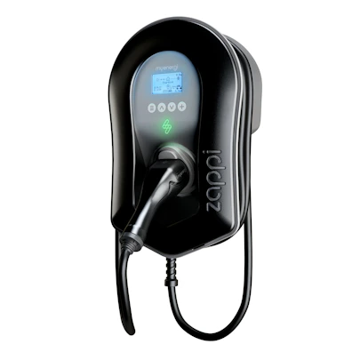 Close-up detail of the smart LCD screen showing charging status on a portable EV charger