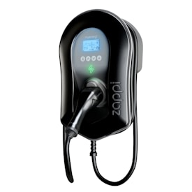 A sleek, black electric vehicle charging station with a built-in digital screen displaying various icons and indicators. It has a plug attached to a charging cable, which is coiled neatly at the bottom.