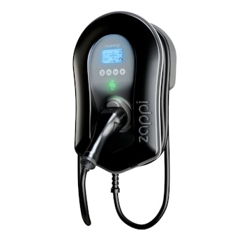 A sleek, black electric vehicle charging station with a built-in digital screen displaying various icons and indicators. It has a plug attached to a charging cable, which is coiled neatly at the bottom.