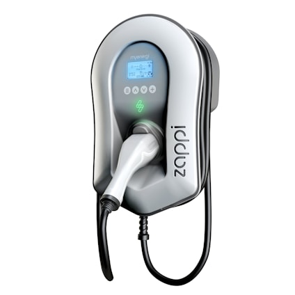 A sleek, modern electric vehicle charging unit with a digital display. The design showcases a gray and black color scheme, featuring a prominent charging cable and plug. The branding and control buttons are visible, including a logo and green indicator light.