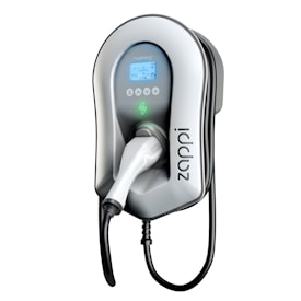 A sleek, modern electric vehicle charging unit with a digital display. The design showcases a gray and black color scheme, featuring a prominent charging cable and plug. The branding and control buttons are visible, including a logo and green indicator light.