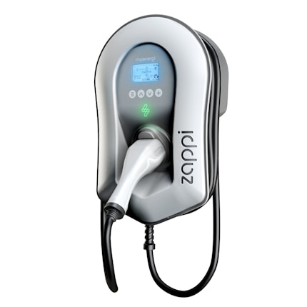 A sleek, modern electric vehicle charging unit with a digital display. The design showcases a gray and black color scheme, featuring a prominent charging cable and plug. The branding and control buttons are visible, including a logo and green indicator light.