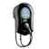 A sleek, modern electric vehicle charging station is mounted on a wall. It features a digital display showing charging status, with buttons below the screen. The charging cable is neatly integrated and hangs downward, ready for use. The station has a glossy black finish, adding a futuristic and elegant look.
