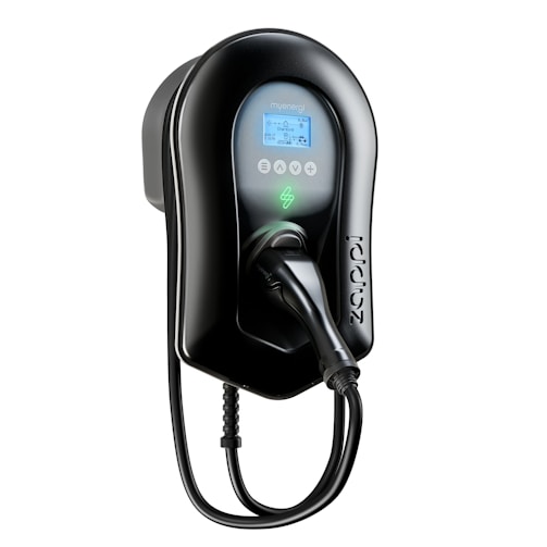 A sleek, modern electric vehicle charging station is mounted on a wall. It features a digital display showing charging status, with buttons below the screen. The charging cable is neatly integrated and hangs downward, ready for use. The station has a glossy black finish, adding a futuristic and elegant look.