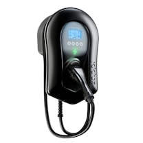 A sleek, modern electric vehicle charging station is mounted on a wall. It features a digital display showing charging status, with buttons below the screen. The charging cable is neatly integrated and hangs downward, ready for use. The station has a glossy black finish, adding a futuristic and elegant look.