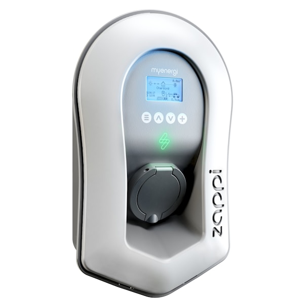 A sleek, modern electric vehicle charging device with a digital display showing charging information. The casing features a smooth white and gray finish with the brand name inscribed on the side. Various operational icons and indicators are present on the digital screen, and a power socket is positioned at the center.
