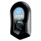 A sleek, black electric vehicle charging station with a digital display at the top showing various icons and information. The body has a glossy finish, and there's an LED indicator below the display. The name 'zappi' is embossed on the side.