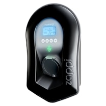 A sleek, black electric vehicle charging station with a digital display at the top showing various icons and information. The body has a glossy finish, and there