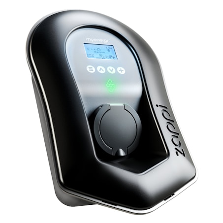 A sleek, black electric vehicle charging station with a digital display showing charging status and instructions. The design is modern and aerodynamic, featuring a circular charging port and a company logo engraved on the side.