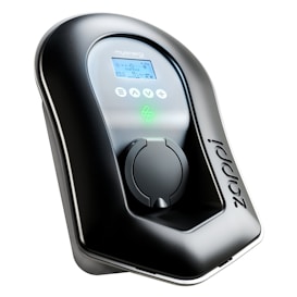 A sleek, black electric vehicle charging station with a digital display showing charging status and instructions. The design is modern and aerodynamic, featuring a circular charging port and a company logo engraved on the side.