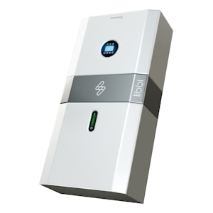 A modern, sleek electronic device designed in a rectangular shape with smooth edges. It features a digital display at the top and a horizontal gray band in the middle with a symbol and the brand name 'libbi'. The lower section has a small vertical indicator with a glowing light. The overall design is minimalist, with a focus on functionality and aesthetics.