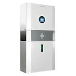 A sleek, modern energy storage unit with a digital display screen near the top and a green LED indicator below. The unit has a white and gray color scheme with a logo in the middle section.