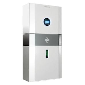 A sleek, modern energy storage unit with a digital display screen near the top and a green LED indicator below. The unit has a white and gray color scheme with a logo in the middle section.