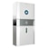 A sleek, modern energy storage unit with a digital display screen near the top and a green LED indicator below. The unit has a white and gray color scheme with a logo in the middle section.
