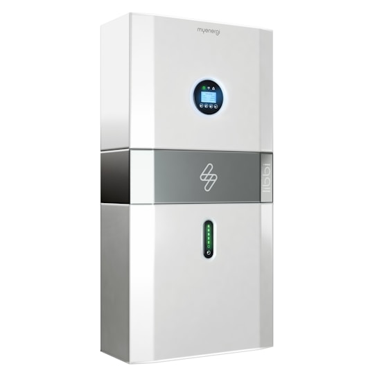 A sleek, modern energy storage unit with a digital display screen near the top and a green LED indicator below. The unit has a white and gray color scheme with a logo in the middle section.