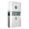 A sleek, modern energy storage unit with a digital display screen near the top and a green LED indicator below. The unit has a white and gray color scheme with a logo in the middle section.
