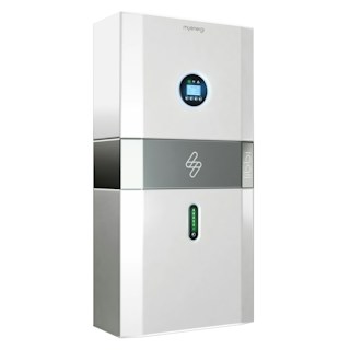 A sleek, modern energy storage unit with a digital display screen near the top and a green LED indicator below. The unit has a white and gray color scheme with a logo in the middle section.