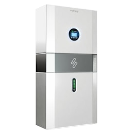 A sleek, modern energy storage unit with a digital display screen near the top and a green LED indicator below. The unit has a white and gray color scheme with a logo in the middle section.