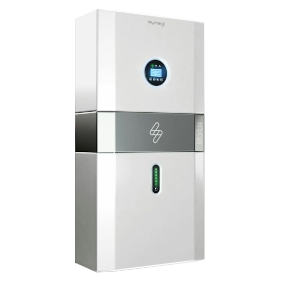 A sleek, modern energy storage unit with a digital display screen near the top and a green LED indicator below. The unit has a white and gray color scheme with a logo in the middle section.