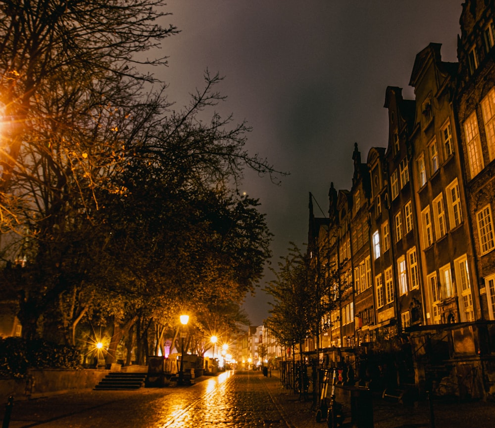 Eine Kopfsteinpflasterstraße bei Nacht in einer europäischen Stadt