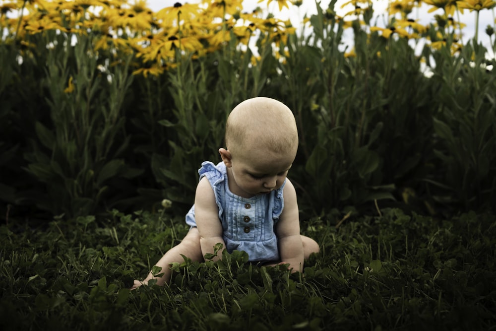 a baby sitting in a field of flowers