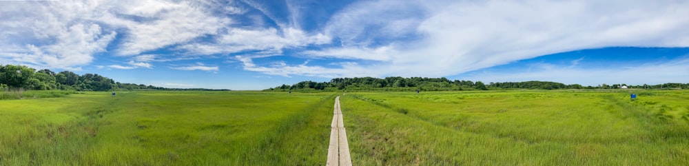 a wide open field with a road going through it