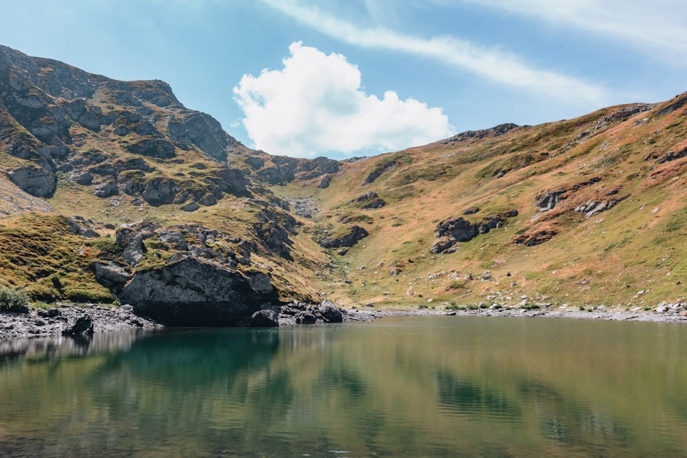 a body of water surrounded by mountains and grass