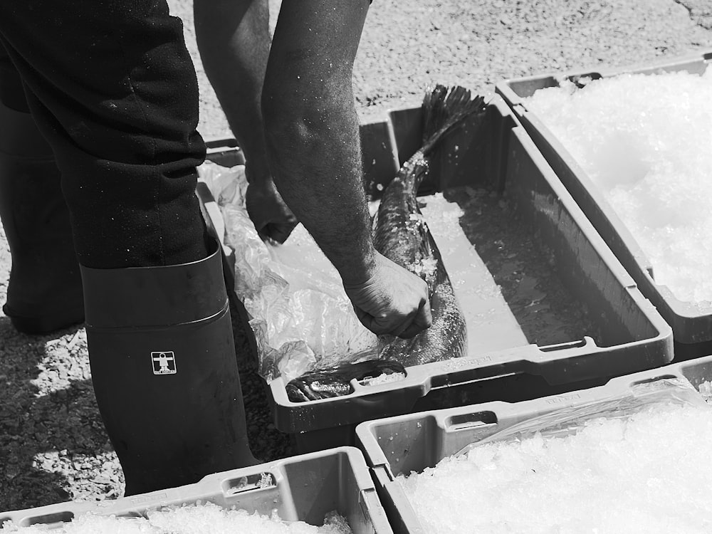 a black and white photo of a person standing over a fish