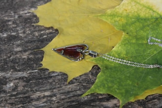 An elegant necklace featuring a deep red ruby centerpiece, displayed on a grey stone surface.
