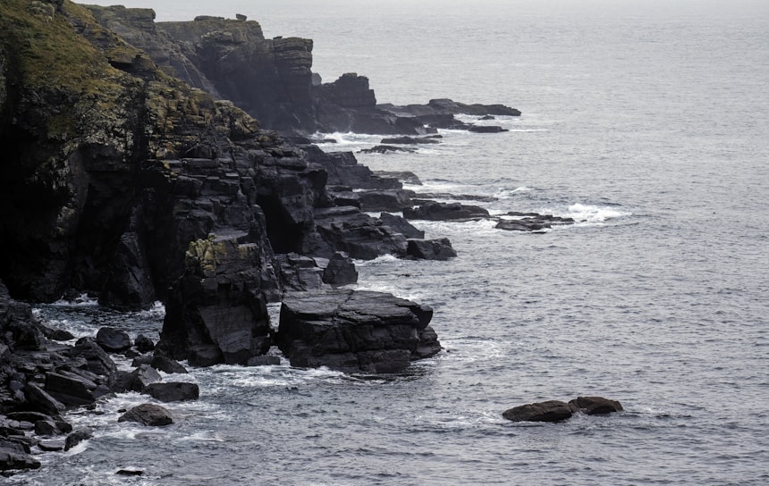 a large body of water next to a rocky shore