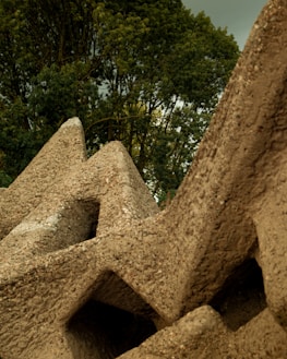 Large geometric concrete structures with rough surfaces are arranged closely together with dense green foliage in the background.