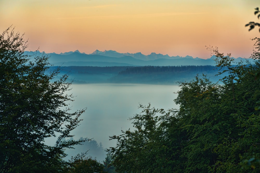 a view of a lake with mountains in the distance